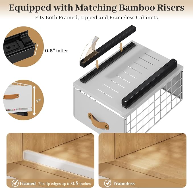 Pull Out Cabinet Organizer, No-Drill Pantry Drawers, Slide Out Shelves with Bamboo Risers for Lipped Cabinets,Ideal for Kitchen, Bathroom & Under Sink Storage (White, 15.8" Wide-21 Deep)