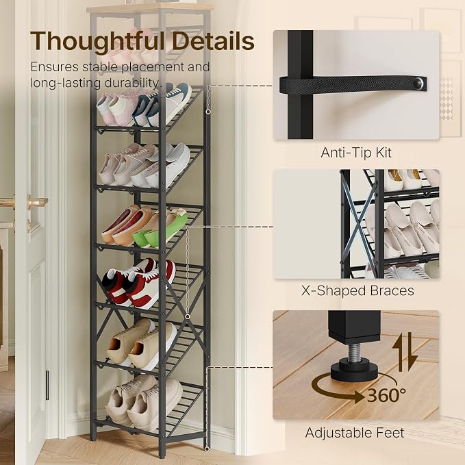 YATINEY 8-Tier Tall Shoes Rack, Slim Shoe Organizer for Entryway, Large-Capacity Thin Shoe Rack for Closet, Narrow Shoe Storage Shelf Holds 8-16 Pairs, Space Saving, Black and Rustic Brown SS18BR