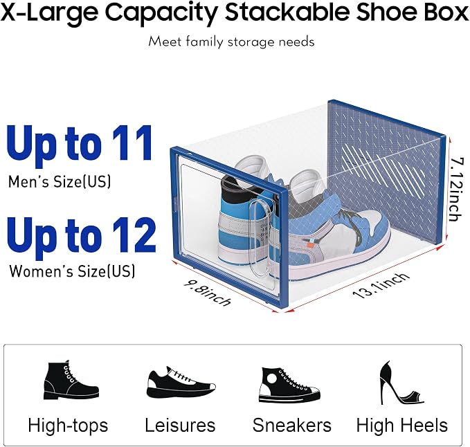eWonLife Large Shoe Organizer Storage Box with Magnetic Door,12 Pack Clear Plastic Stackable Sneaker Containers for Closet, Connect Left and Right Shoe Box for Entryway, Drop Front, Under Bed (Blue)