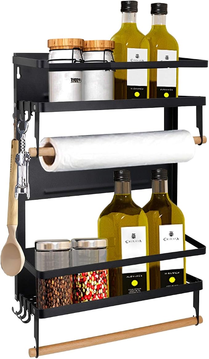 Jolitac Magnetic Fridge Spice Rack- Space Saving Organizer Black Shelf on Refrigerator, Kitchen Paper Towel Holder, Foldable Design (Black-Large)