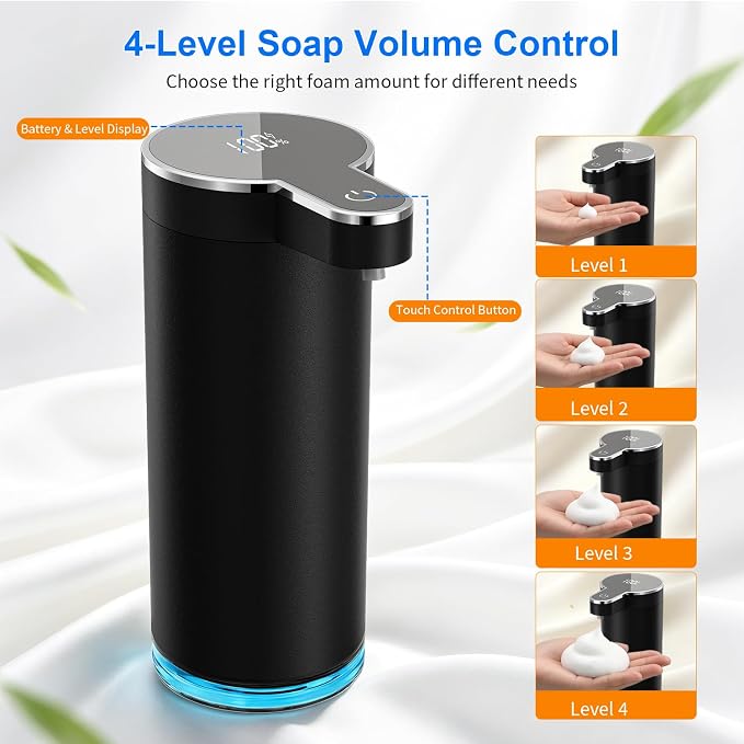 Automatic Foaming Soap Dispenser, Touchless Rechargeable Soap Dispenser for Kitchen & Bathroom, Stainless Steel, 4 Adjustable Foam Levels, USB-C, Waterproof, 12oz/350ml(Black)