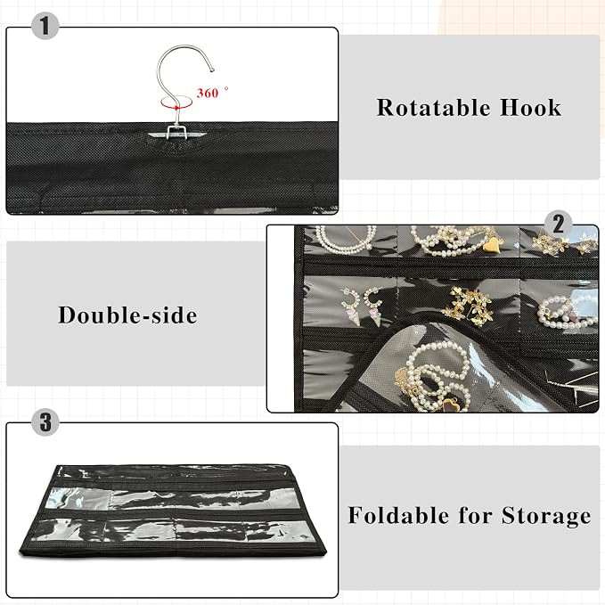 Hanging Jewelry Organizer 80-Pocket Double-Sided Storage, 2-Pack, Black | Foldable clear PVC 80-pocket storage; swivel hook fits walls, doors & rods to organize earrings, necklaces, bracelets & rings