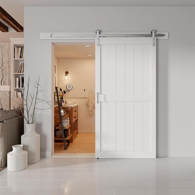 42''x96'' Sliding Barn Door with 7 Ft Brushed Nickel Hardware Kit | Pre-Drilled Holes Easy Assembly - Include Installation Manual, Water-Proof PVC Surface, H-Frame, White