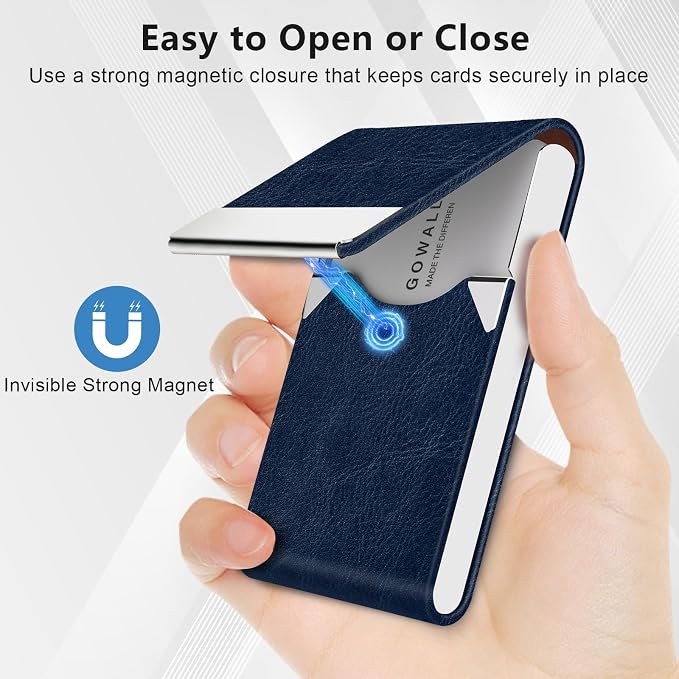 Business Card Holder with Magnetic Closure, Slim Metal PU Business Card Case for Men Women, 3.7 x 2.3 inches RFID Blocking Credit Cards Holder for Pocket or Bag Storage, Dark Blue