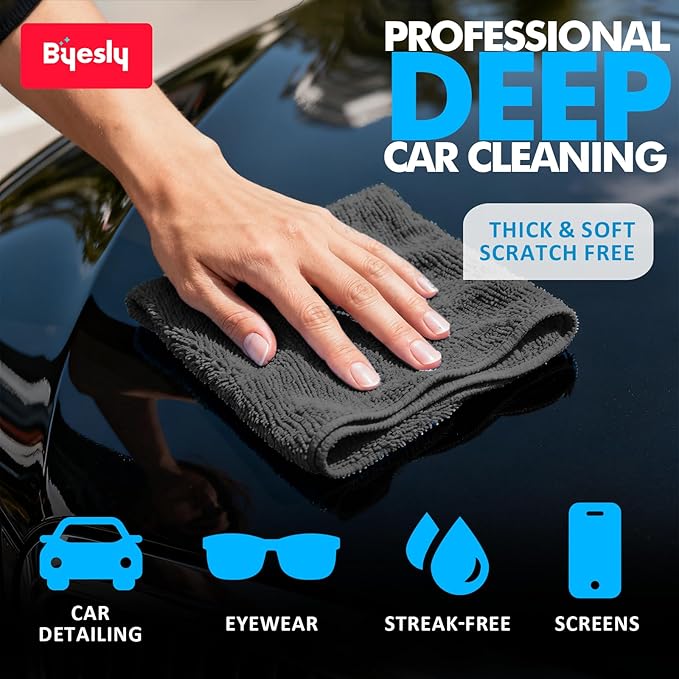 12-Pack Microfiber Cleaning Cloth, 11.5x11.5 Microfiber Towels for Cars, Dishes & House, for Detailers, Chefs & Efficient Home | Scratch-Free, Lint-Free, Ultra Absorbent(Black)