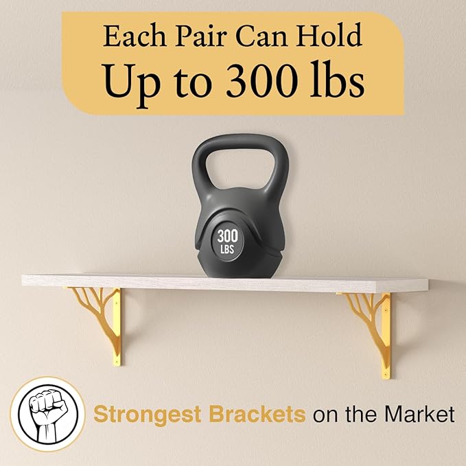 Rustic Tree Brass Heavy Duty Shelf Brackets 12 inch by Balin Designs, Gold Decorative L Brackets, Iron Metal Floating Shelf Bracket, Wall Mount Shelving Bracket, Included Hardware, Set of 2