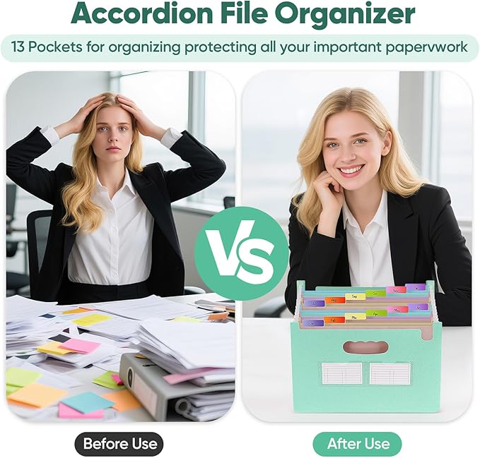Agoer Accordion File Organizer with 13 Pockets, Wheat Straw Expanding File Folder with Lable Pocket,Upright Open Top,A4/Letter Size Paper Document Storage Organizer for School,Home and Office Supplies