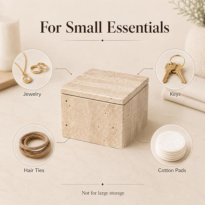 Natural Travertine Square Box with Lid | Natural travertine square box for cotton rounds, balls, jewelry and dry small bathroom items.