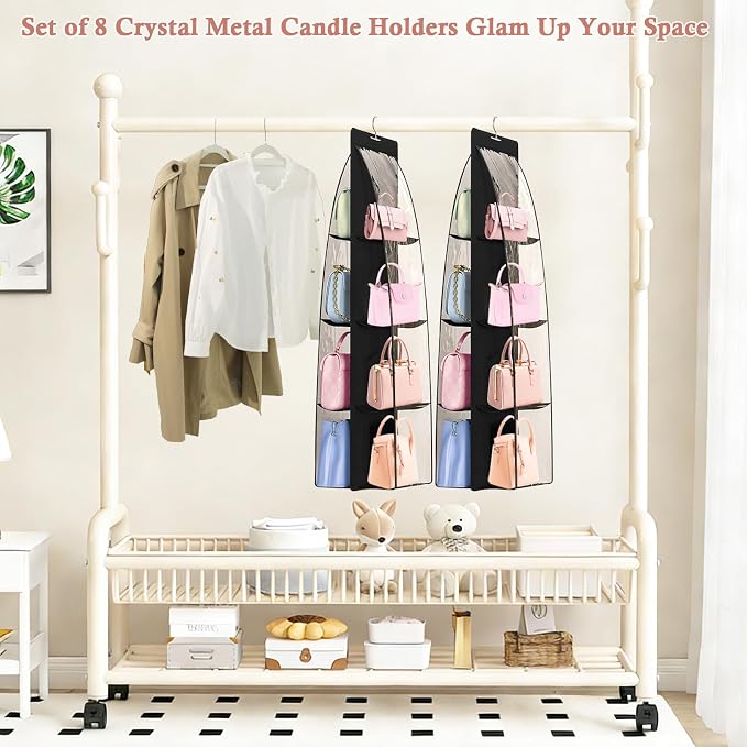 3 Pack Purse Organizer for Closet, 8 Pockets Black Handbag Hanging, Handbag Storage, Purse Closet Organizer Clear Window Purse Hanger and Handbag Organizer for Space Saving