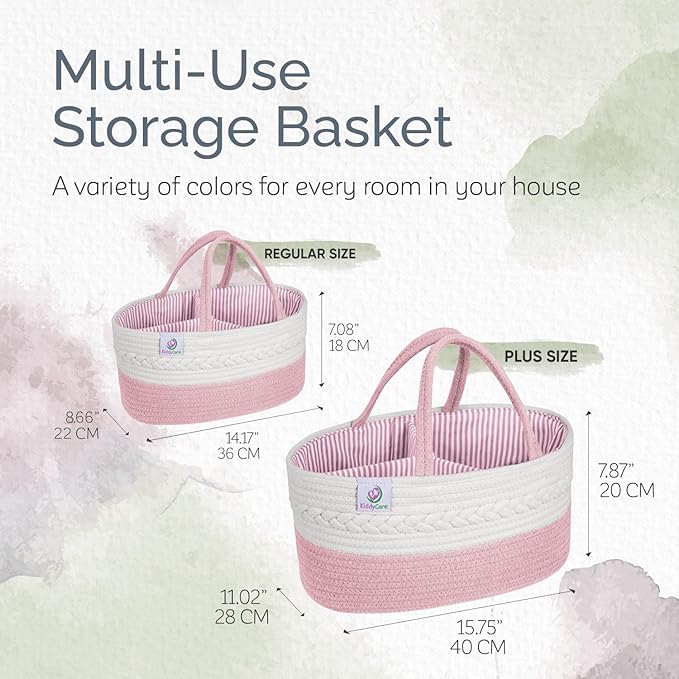 KiddyCare Woven Diaper Caddy Organizer, Large Gray Multi Functional Portable Baby Basket with Handle, Baby Gift for Boy/Girl Nursery Storage, Organization, and Modern Car Diaper Caddy Pink X-Large