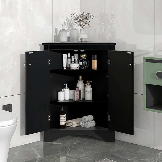 Corner Storage Cabinet with Adjustable Shelves, Triangle Bathroom & Kitchen Organizer, Freestanding Floor Cabinet for Toilet Kitchen Bathroom Cleaning Supplies (Black)