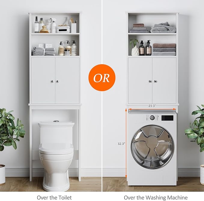 Extra Tall Over The Toilet Storage Cabinet for Bathroom, 75in Storage Organizer Over Toilet with Adjustable Shelf, Space Saver with Open Shelf, White