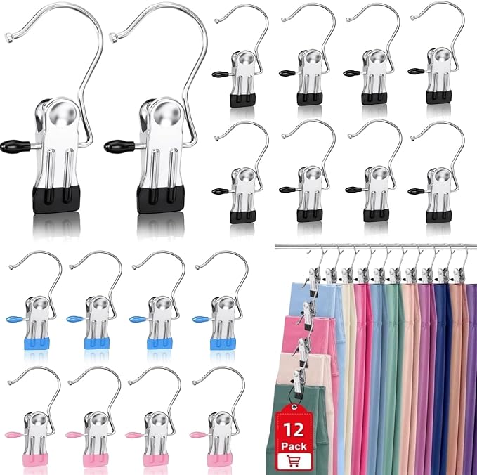 Boot Hangers Clips for Closet, Laundry Hooks Hanging Clips Clothes Pins Boot Holder Clips Space Saving Portable for Travel Tall Boots Socks Towel Jeans Hats (12, Multi)