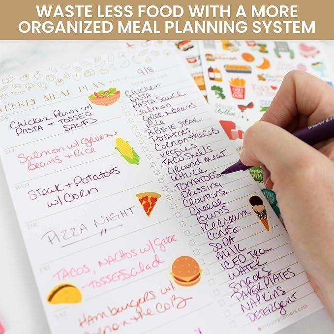 bloom daily planners Weekly Meal Planning Pad - Magnetic Hanging Refrigerator Menu Planner with Tear-Off Sheets & Perforated Grocery Shopping Lists - 6” x 9” - Modern Gold