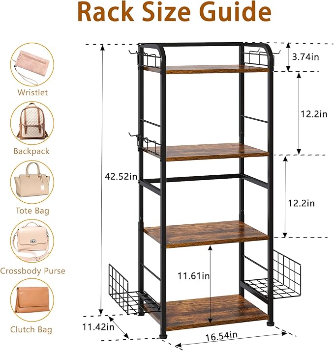 koozuuyk 4-Tier Purse Organizer for Closet with 3 Side Hooks and 2 Baskets, High Capacity Purse Rack Stand for Purse Storage, Metal & Wood Handbag Holder for Handbag Organizer, Patent Pending