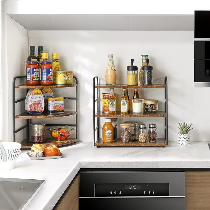 IBUYKE Counter Shelf,Kitchen Organization and Storage,Brown TWJ001H | 3-Tier Bathroom Countertop Organizer Tray Makeup Shelf Counter Standing Spice Rack Storage Shelf Cosmetic Holder