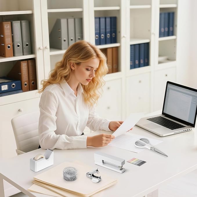 White Office Supplies for Kids, White Desk Office Supplies and Accessories for Kids, Stapler and Tape Dispenser Set for Women, Office Gift for Women, Office Lady, Coworkers, Office Clerks, Kids