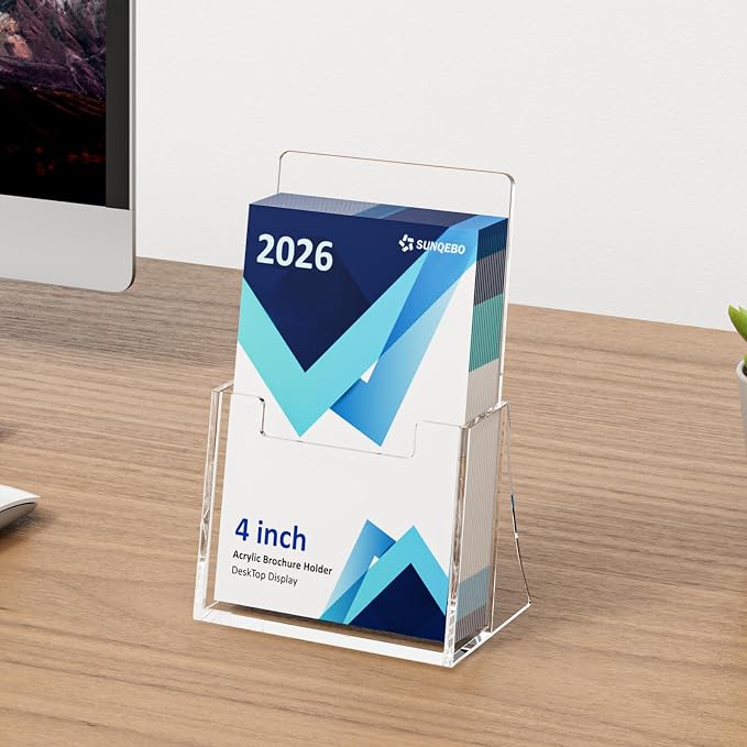 Acrylic Brochure Holder 4 Inch, 6 Pack, 4''x9'' Stand, Countertop Organizer | Clear Brochure Display Stand, Plastic Pamphlet Holder, Flyers, Literature, Magazines, Booklets, Journals, Desk Holder, Office