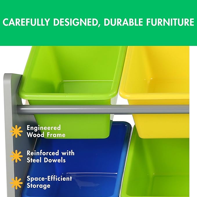 Humble Crew Toy Storage Organizer with 16 Removable Storage Bins for Kids Playroom, 4-Tier Toddler Toy Organization and Storage, Grey/Blue/Green/Yellow