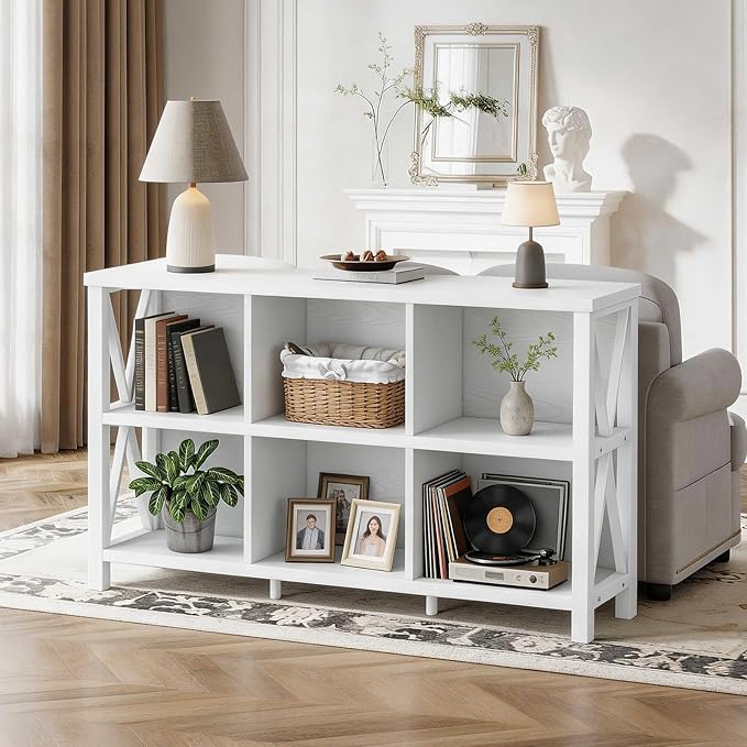FATORRI 6 Cube Storage Organizer with Shelf, 47 Inch Long Horizontal Bookshelf, Wood and Metal Cube Bookcase, Low Book Shelf for Living Room, Home Office (White Oak)