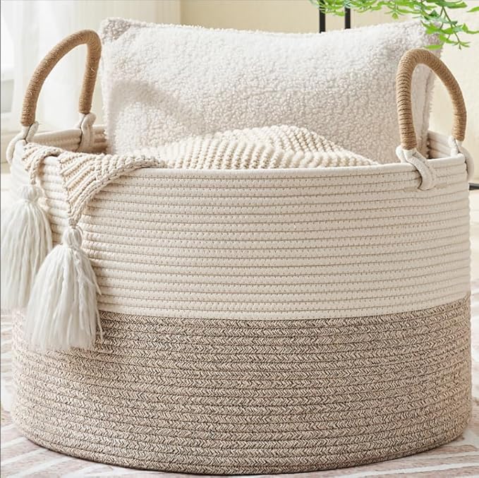 KAKAMAY Large Blanket Basket 20"x13", Cotton Rope Woven Laundry Storage Basket, Baskets for Toy,Stuffed Animal Storage, Dog,Toy Box, Gift Basket for Living Room Nursery Baby Hamper (Beige)