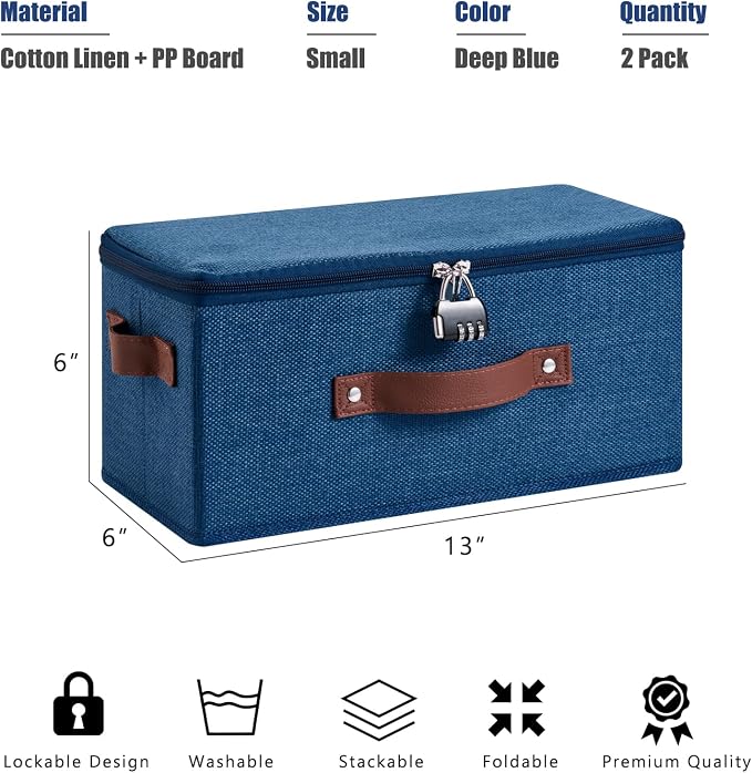 2PCS Storage Bins Box with Zipper Lid Combination Lock PU Leather Handles Cotton Linen Fabric Lockable Basket DVD CD Case Foldable Closet Shelf Organizer Container (Deep Blue, 13"x 6"x 6")