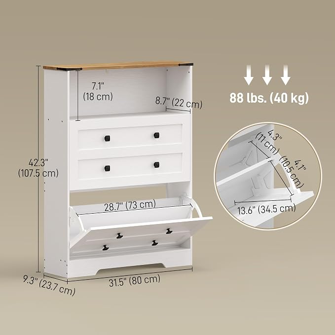 HOMCOM Shoe Cabinet with 2 Flip Drawers, Narrow Shoe Storage Cabinet with Adjustable Shelves and Open Shelf, Farmhouse Storage Organizer for Entryway, Hallway, Holds 12-16 Pairs, White