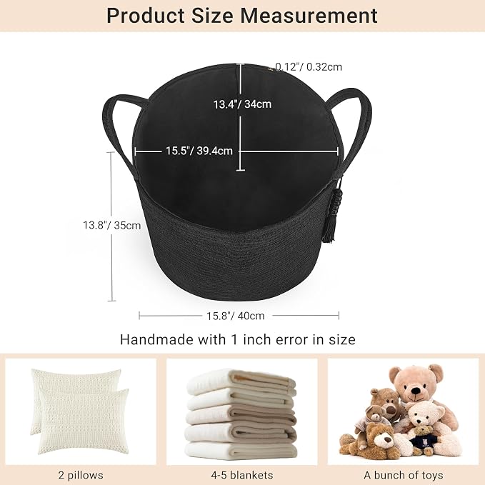 Mkono Woven Storage Basket Decorative Natural Rope Basket Wooden Bead Decoration for Blankets,Toys,Clothes,Shoes,Plant Organizer Bin with Handles Living Room Home Decor, 16" W×13.8" L, Black