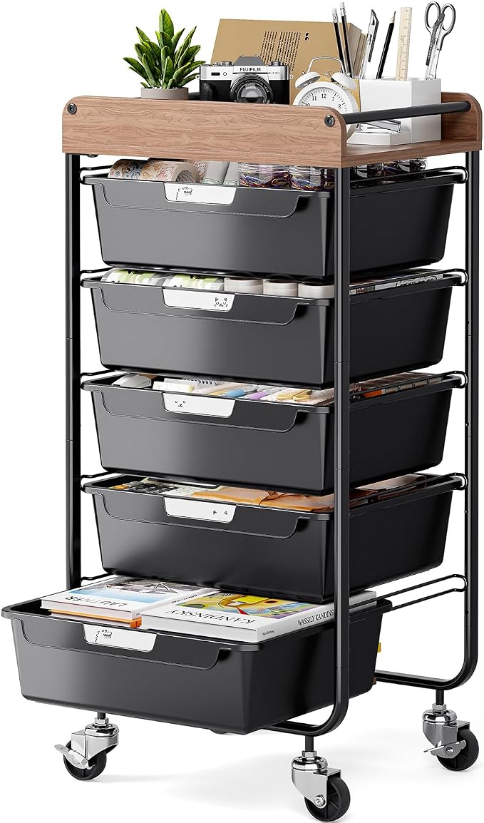 SYKIARIOL Utility Cart with 5 Labeling Drawers and Wooden Tabletop – Rolling Storage Cart for Crafters, Artists, Kids, Teachers, and Students – Organize Arts, Crafts, Sewing & Study Supplies