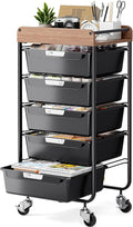 SYKIARIOL Utility Cart with 5 Labeling Drawers and Wooden Tabletop – Rolling Storage Cart for Crafters, Artists, Kids, Teachers, and Students – Organize Arts, Crafts, Sewing & Study Supplies