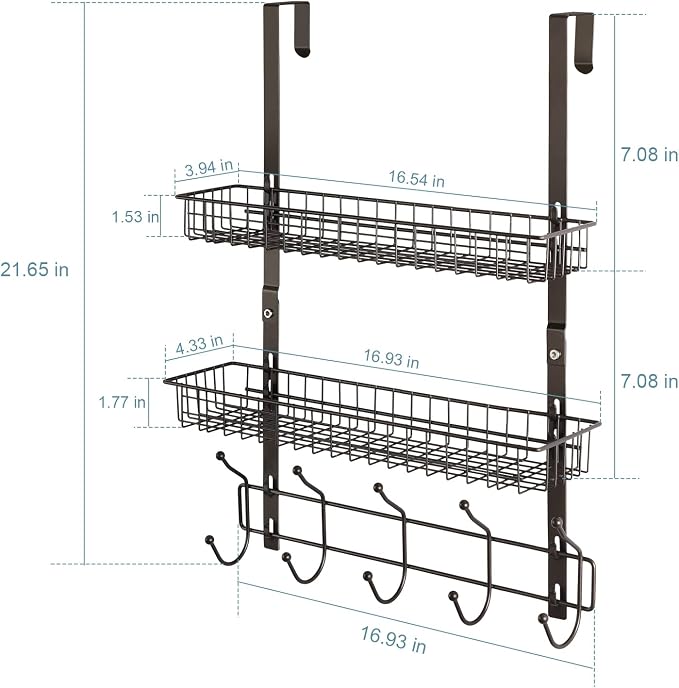 OYEAL Over The Door Hook Rack with 5 Hooks 2 Baskets Steel, Sturdy Durable Coat Rack Towel Hooks Hanging Organizer Shelves for Home Bedroom Bathroom Kitchen, Brown