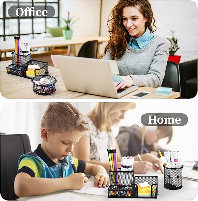 2-Piece Desk Pen & Pencil Organizer - Mesh Metal Pen Cup with Sticky Notes Holder, Black | Pen Cup, Marker Holder, Desk Caddy, Pen Organizer, Workspace