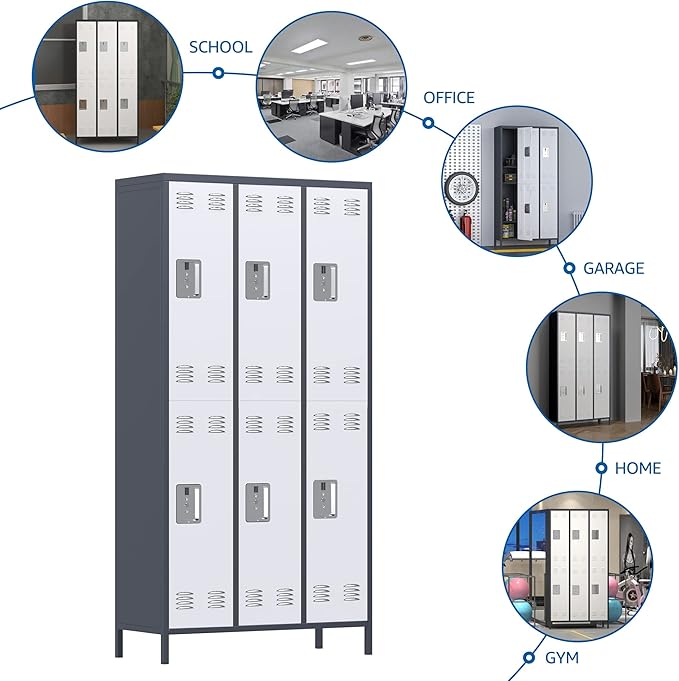 METAN Metal Locker for School Office Gym Bedroom,6 Doors Steel Storage Locker Cabinet for Employees,Industrial Storage Locker with 1 Shelves,Assembly Required,Gray+White…