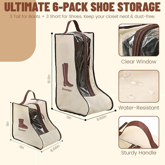 6Pack Boot Storage Bag, Portable Dust Proof Boot Bags for Cowboy Boots, Handle Boots Organizer, Tall Boot Storage Cowboy Boot Bag & Boot Storage Bag for Travel, Suitable for Travel and Daily Use ﻿