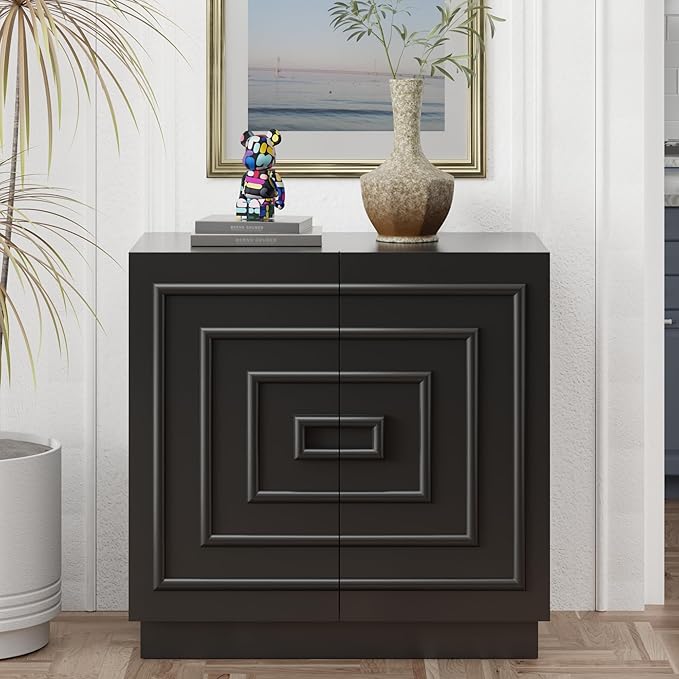 Aoikax Modern 2-Door Storage Cabinet, Sculptural Rustic Cabinet with Geometric Square Pattern, Contemporary Accent Cabinet for Bedroom, Living Room, Black
