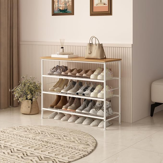SUOERNUO Shoe Rack Organizer 4 Tier for Closet Entryway Free Standing Metal Storage Shoe Shelf with MDF Top Board (White + Nordic Walnut, 4 Tier)