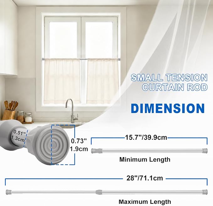 2 Pack Tension Curtain Rod 15.7-28 Inch, Small Short Adjustable Extendable Spring Loaded Rods for Windows Cabinet Blinds Closet Bedroom Kitchen Bathroom Door No Drilling, Silver