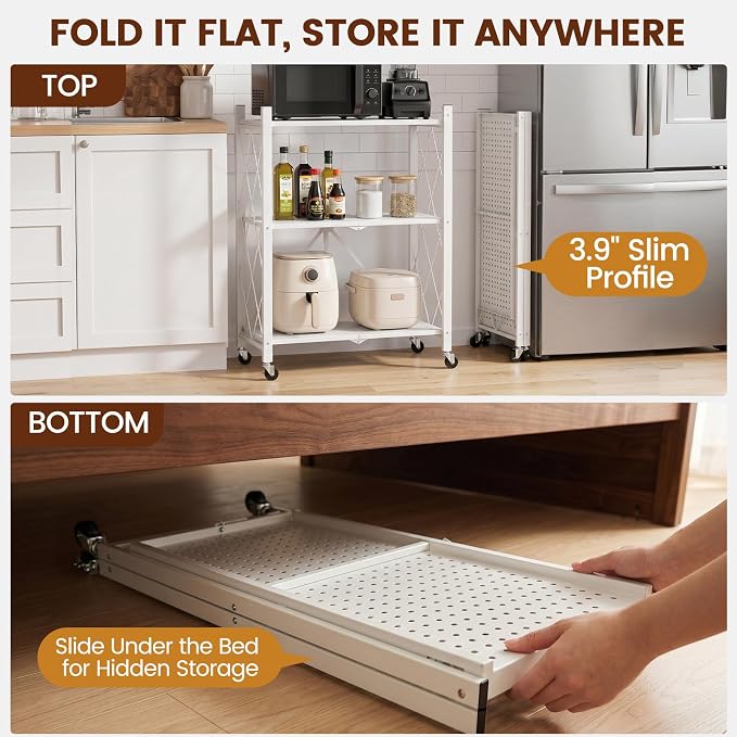 ALANNG 3 Tier Folding Storage Shelf on Wheels,Heavy Duty Metal Rolling Cart | Compact & Portable, No Tools Assembly, Folds to 3.9" Flat, Reinforced Iron Frame, Lockable Casters, for Any Room