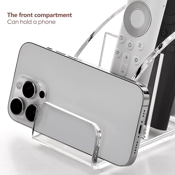 DINGHUO Acrylic 5 Compartments Remote Control Holder, Multi-functional Bedside Couch Living Home TV Remote Holder, Clear Desk Caddy Makeup Pen Organizer for Office Supplies Glasses Media Player