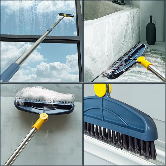 Long Handle Grout Cleaning Brush with for Tile Floors, Tapered Bristles Grouting Line Brush, 2 in 1 Scrub with Scraper