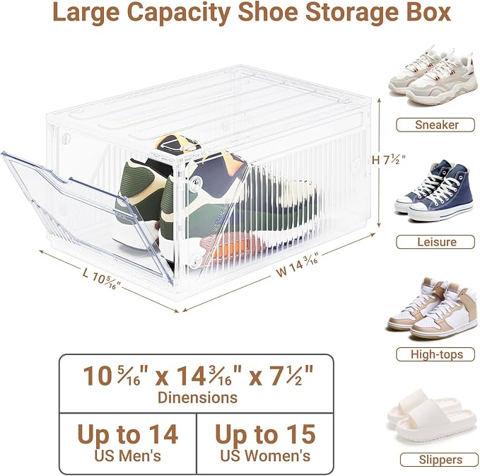 XX-Large Shoe Sneaker Storage Boxes for Size 14, Stackable & Thicken Clear Plastic Shoe Organizers 1Pack for Entryway Closet Under Bed, Shoe Storage Cabinets Container Display Case w/ Magnetic Door