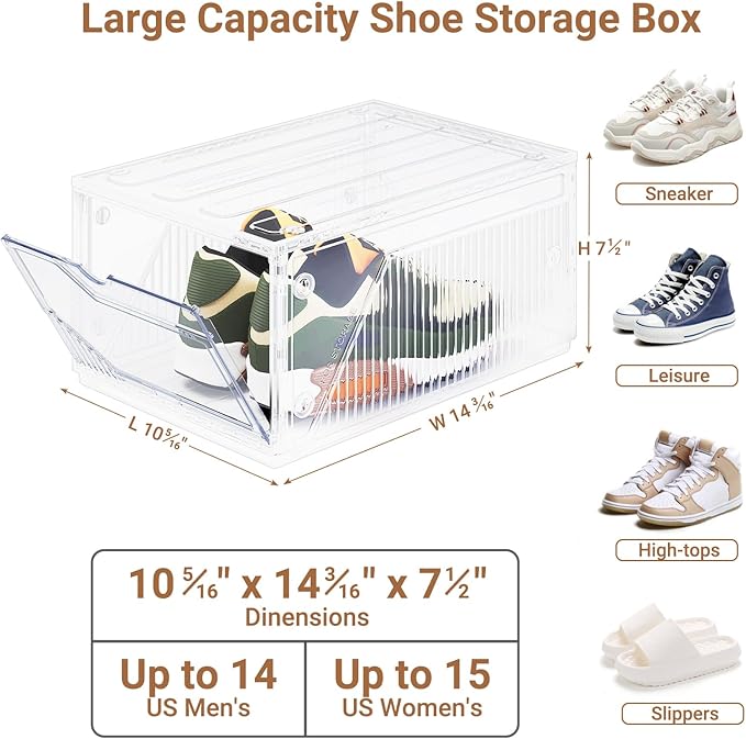 XX-Large Shoe Sneaker Storage Boxes for Size 14, Stackable & Thicken Clear Plastic Shoe Organizers 16 Packs for Entryway Closet Under Bed, Shoe Storage Cabinets Container Display Case w/ Magnetic Door