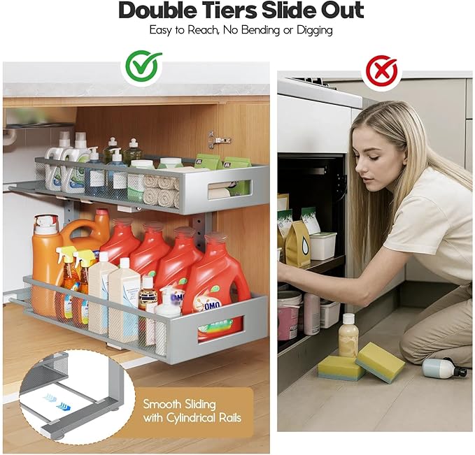 2 Packs 19IN Depth Under Sink Organizer, 2-Tier Pull Out Cabinet Organizer With Smooth Circular Rail, Large Capacity Metal Mesh Sliding Drawers For Bathroom& Kitchen Storage,Height Adjustable–Gun Gray