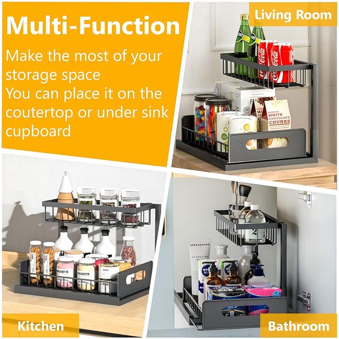 Ceetug Under Sink Organizers and Storage 2 Tier Slide Out Kitchen Cabinet Organizer Sturdy Metal Bathroom Storage (Black, 2 Pack)