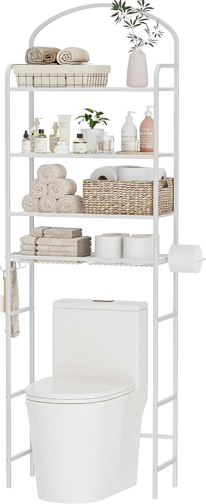 4-Tier Over The Toilet Storage, Bathroom Organizer | Space-Saving, 72"H Above Toilet Storage Rack with 4 Hooks and Paper Holder, Metal Shelf, White