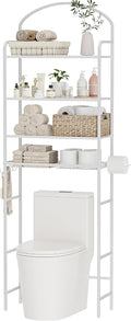4-Tier Over The Toilet Storage, Bathroom Organizer | Space-Saving, 72"H Above Toilet Storage Rack with 4 Hooks and Paper Holder, Metal Shelf, White