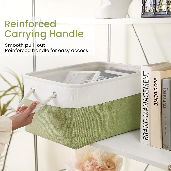 Large Storage Baskets- 15.7x11.8x8.26 inch Storage Bins for Shelves and Closet Organizing, Foldable Fabric Bin for Home Organization Clothes and Laundry (6-Pack, White&Green)