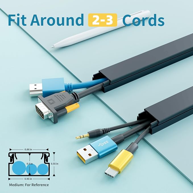Delamu Cord Hider, 100in Self-Adhesive Cord Cover Kit for Wall Mounted TV, Paintable Wire Hider, Flexible Cable Management System, Cable Raceway Conceals 2-3 Wires, W0.95 H0.55in, Black