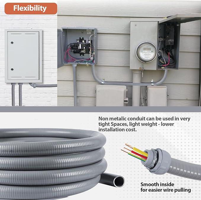 Liquid-Tight Conduit 1-1/4 inch 25ft w/UL Certification | Flexible Electrical Conduit with 5 Straight and 5 90-Degree Conduit Connector Fittings Gray