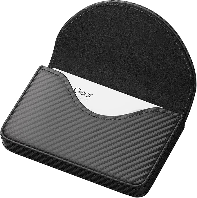 MaxGear Business Card Holder, PU Leather Business Card Case, Black Carbon | Pocket Name Card Holder Wallet for Purse, Portable Business Card Carrier with Magnetic Closure, Slim Stylish Men Women Gift